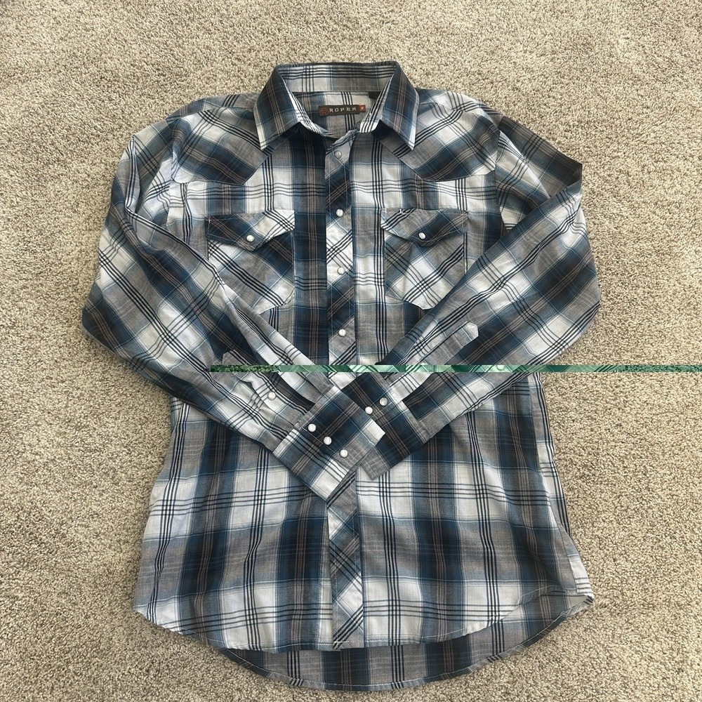 Roper Shirt Mens Medium Pearl Snap Button Long Sleeve Lightweight Plaid Blue
